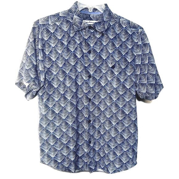 TOMMY BAHAMA 100% Silk S/P Men’s Shirt Blue Geometric Polo Tropical Cruise - Picture 1 of 8